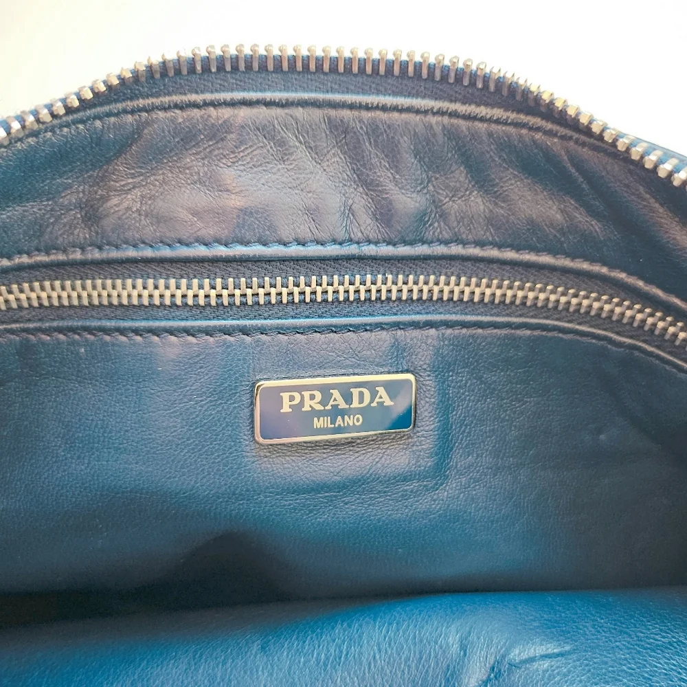 PRADA Saffiano Leather Blue Zipper Clutch Pouch Bag With Silver Hardware. - Picture 10 of 14